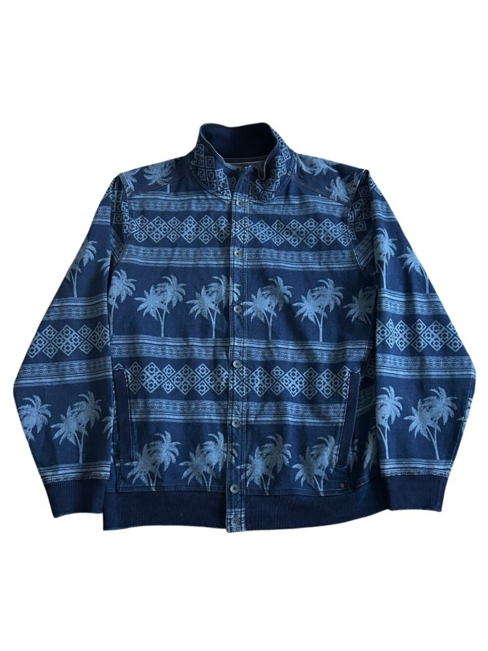 Tommy Bahama Mens Sz L Palm Tree & Geometric Print Denim Jacket Blue